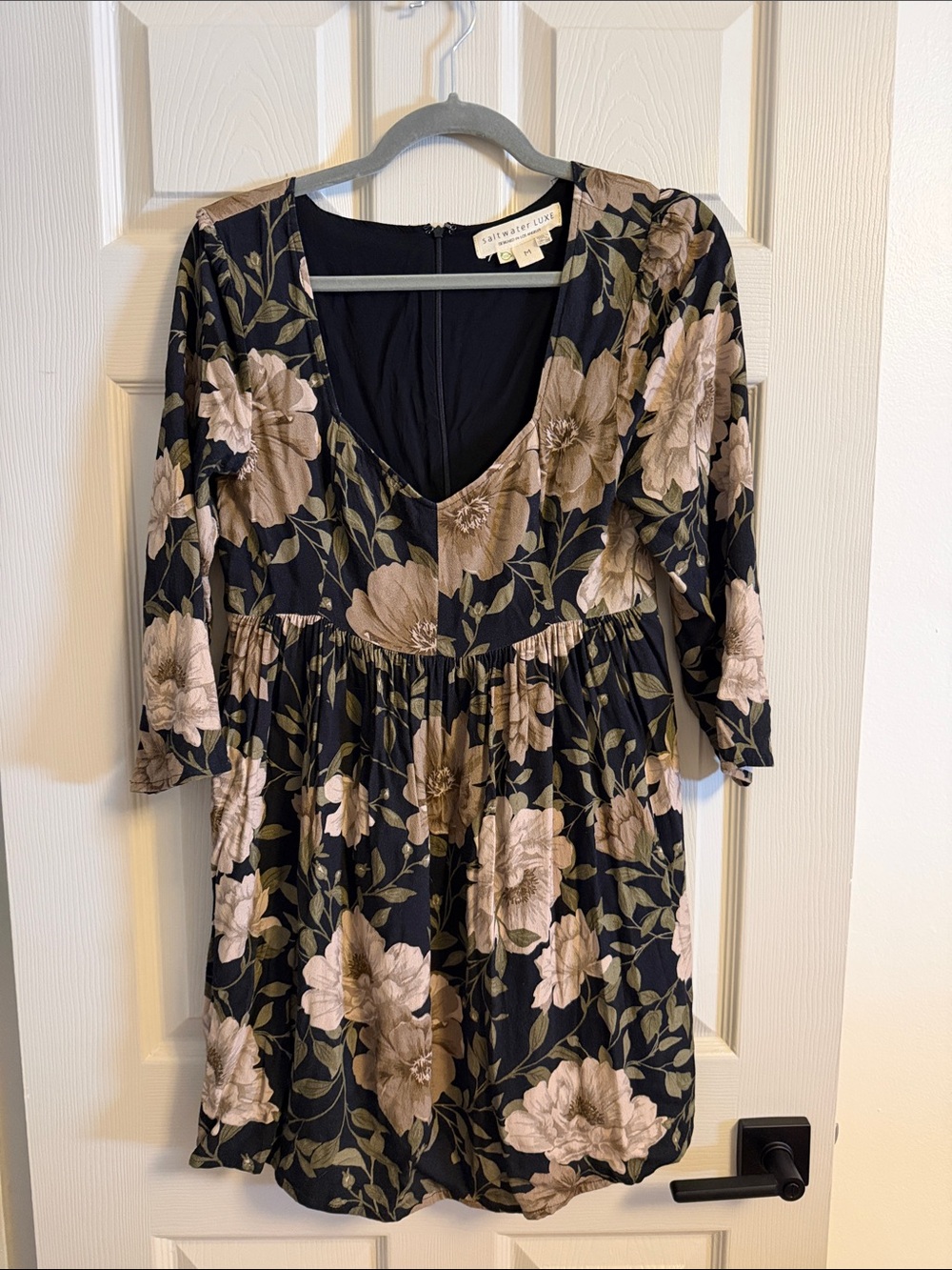 saltwater LUXE Black Floral V-Neck Dress with Beige and Olive Blooms